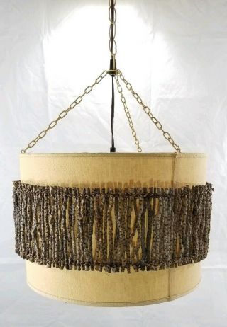 Vintage Mid Century Modern Drum Lamp Hanging Light On Chain Twig / Wood Detail