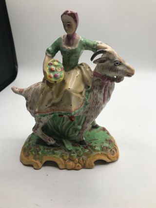 Antique England Porcelain Figurine Girl Riding Goat