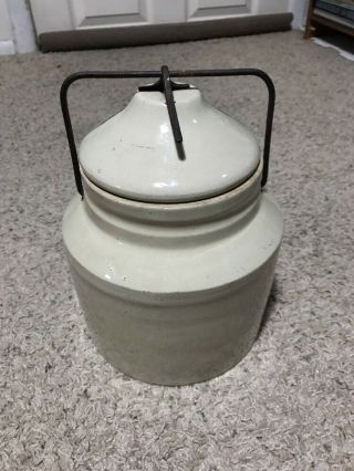 Antique 10”x 7” Stoneware Crock Jar With Bale Lid