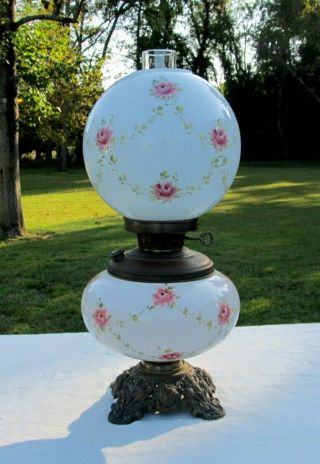 Vintage Antique Victorian Style Gwtw Pink Hand Painted Swag Roses Lamp