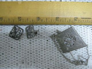 Asian Sterling Silver.  950 Etched Floral Lantern Symbol Necklace & Earring Set