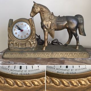 Vintage Clock Brass Horse On Platform With Horse Themed Clock By Sessions Usa
