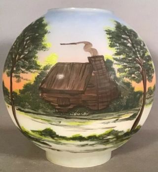 Antique Edwarian Shade Reverse Landscape Painting On Glass Old Oil Lamp Globe