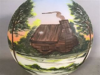 Antique EDWARIAN Shade REVERSE Landscape PAINTING on GLASS Old OIL LAMP GLOBE 2
