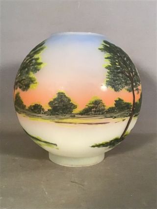 Antique EDWARIAN Shade REVERSE Landscape PAINTING on GLASS Old OIL LAMP GLOBE 3