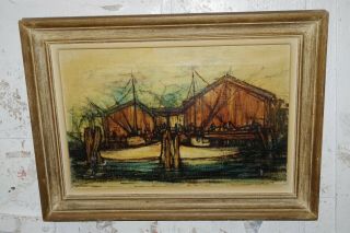 Antique Vintage Framed Art Old Painting Won Ribbon - Abstract House Boat People