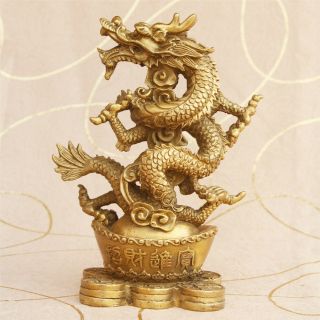 Old China Brass Copper Handmade Fengshui Dragon Coin Ingot Statue