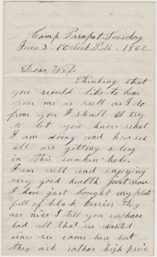 June 1862 Civil War Soldier Letter - Camp Parapet La - Orleans - Prisoners