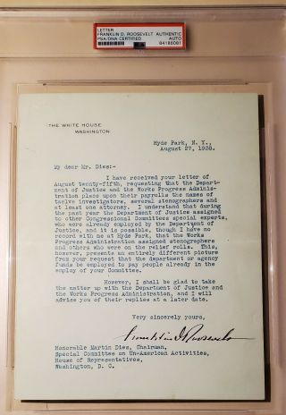 Franklin Roosevelt Signed Letter As President.  1938 - Huac Psa Dna