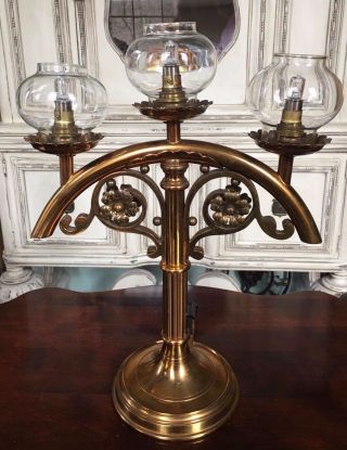 Early 20 Century Three - Arm Brass Converted Gas Table Lamp Steampunk