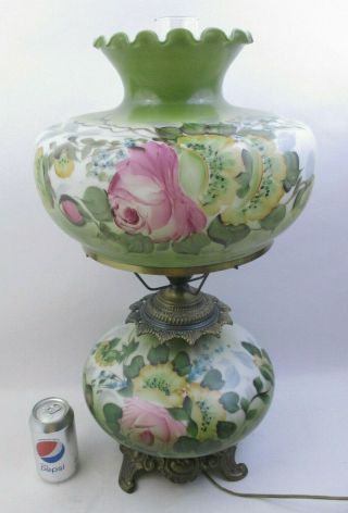 Large - Hurricane Gwtw Parlor Lamp - Pink Rose & Floral - 3way 26 " Tall (67a)