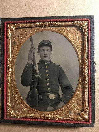 Armed Sixth Plate Ruby Ambrotype Civil War Union Soldier Seated With His Musket