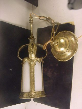 C.  1910 Arts & Crafts/moorish Hammered Brass & Glass Hall Pendant Restored Exlnt