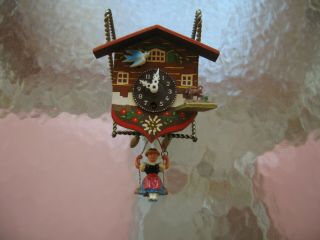 Cute Vintage Miniature German Chalet Cuckoo Clock With Lady On Swing