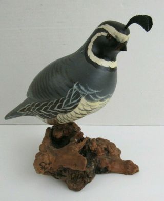 Vintage 8 " Colorful Hand Carved Wood Quail Signed