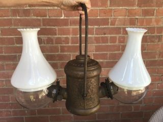 C Antique Double Angle Brass Kerosene Oil Lamp With Embossed Grape Complete