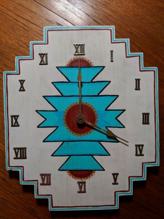 Vintage Native American Hand Painted Wall Clock Apache Pattern Wood Folk Art