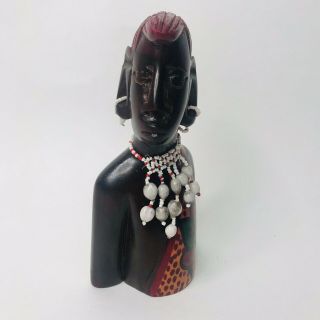 Vintage African Tribal Hand Carved Ebony Wood Bust Beads Painted Red Unique