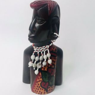 Vintage African Tribal Hand Carved Ebony Wood Bust Beads Painted Red Unique 2
