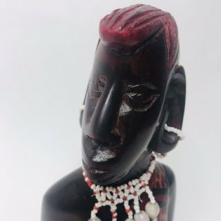 Vintage African Tribal Hand Carved Ebony Wood Bust Beads Painted Red Unique 3
