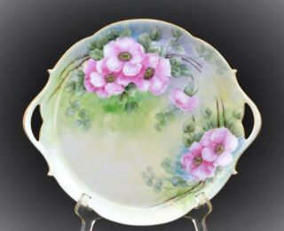 T.  V.  Limoges France Hand Painted 2 - Handled Tray Roses Green