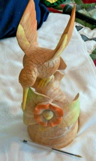 Vintage Hand Carved Wooden Humming Bird On A Branch W Lg.  Flower