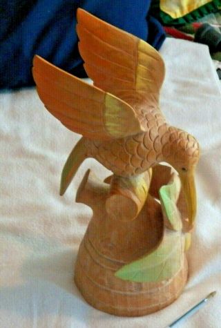 Vintage Hand Carved Wooden Humming Bird on a Branch w Lg.  Flower 2