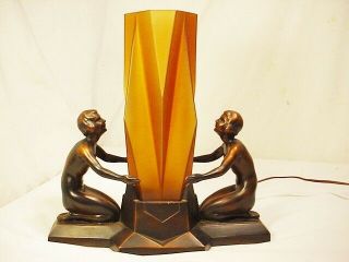 Vtg Antique Nuart Creactions Art Deco Nude Bronze Lamp Ruba Rombic Shade