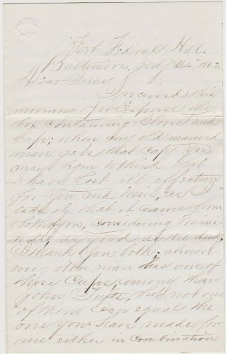 1862 Civil War Soldier Letter - Fort Federal Hill Baltimore - 7th Ny N.  G.  Regt