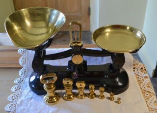 Vintage English Librasco Kitchen Scales Black 7 Librasco Brass Bell Weights (2)