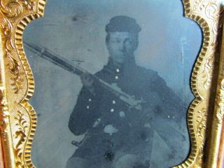 Civil War Soldier Holding His Rifle With Pistol In Belt Tintype Photograph