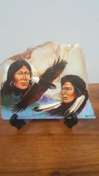 Native American Hand Painted Themed On Marble Slate Signed By Artist Dated 97