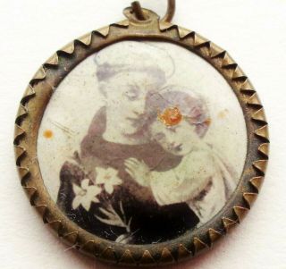 Rare Antique Sepia Picture Pendant Medal To Saint Anthony & Our Lady Of Montaigu