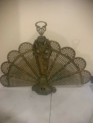 Vintage Folding Brass Peacock Style Fireplace Screen