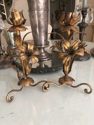2 Antique Shabby Vtg Chic Italian Gold Gilt Metal Tole Rose Candle Stick Holders