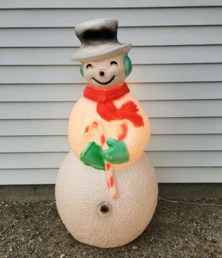 Vintage Blow Mold Snowman Large 40” Tall Union Products Dimpled With Candy Cane