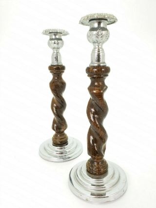 Vintage Wooden Barley Twist Candlesticks Candle Holders E/0318