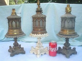 3 Matched Decorative Antique Oil Lamps And Cast Iron Bases For Restoration
