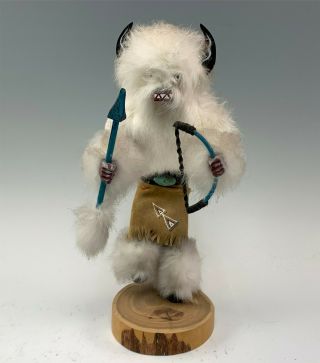 12 " Native American Buffalo Kachina Doll W/ Fur,  Bow & Arrow,  Signed N.  Yazzie