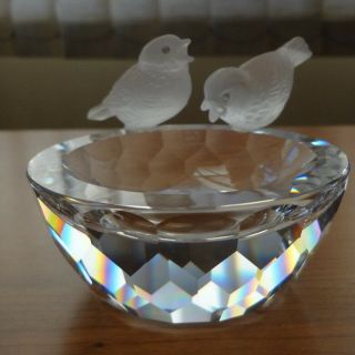 Vtg Swarovski Crystal Birds Bowl Bath W/two Frosted Crystal Birds Retired Signed