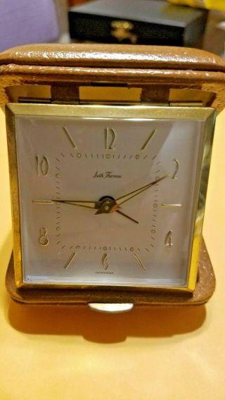 Vintage Seth Thomas Folding Travel Alarm Clock Leather Case Germany.