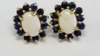 Vintage Solid 14k Gold Natural Opal And Sapphires Earrings