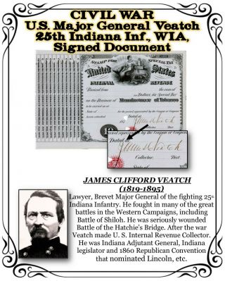 Civil War U.  S.  Major General Veatch 25th Indiana Infantry,  Wia,  Signed Document