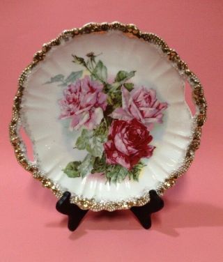 Antique Bavaria Handled Serving Floral Bowl Roses Elegant Turn Of The Century