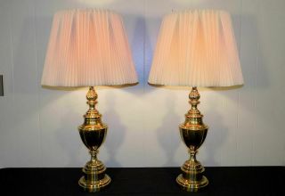 Pair Stiffel Solid Brass Lamps & Shade Table Torch Flame Urn Hollywood Regency