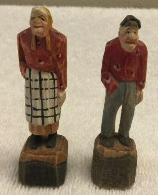 2 Vintage Andre Bourgault Signed Hand Carved Wood Man Woman 3 " Figurine