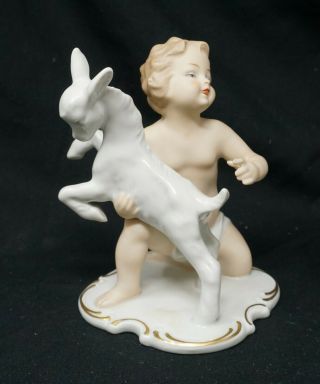 Vintage Wallendorf German Porcelain Figurine,  Kneeling Cherub With Goat