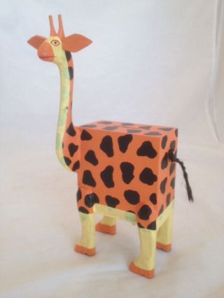 Folk Art Primitive Wooden Giraffe Bank Wood Hand Carved & Painted in Indonesia 2