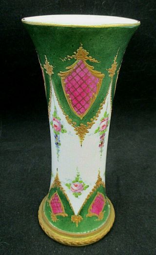 Antique French Porcelain Bud Vase Green Encrusted Gold Roses Swags Brass Rim 5 "