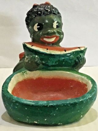 Vintage Black Americana Chalkware Girl Eating Watermelon Ashtry Trinket Dish